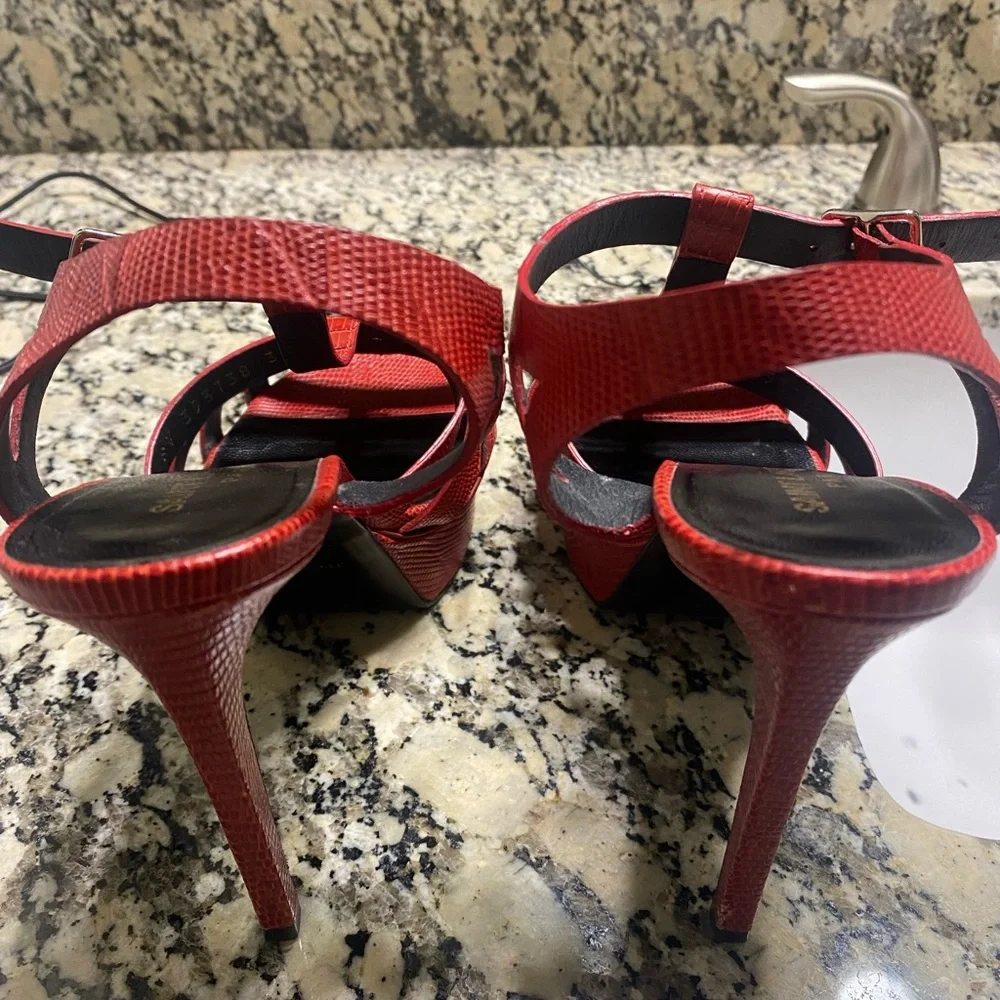 Saint Laurent Red Strappy Textured Leather Platform Heels - Picture 2 of 7
